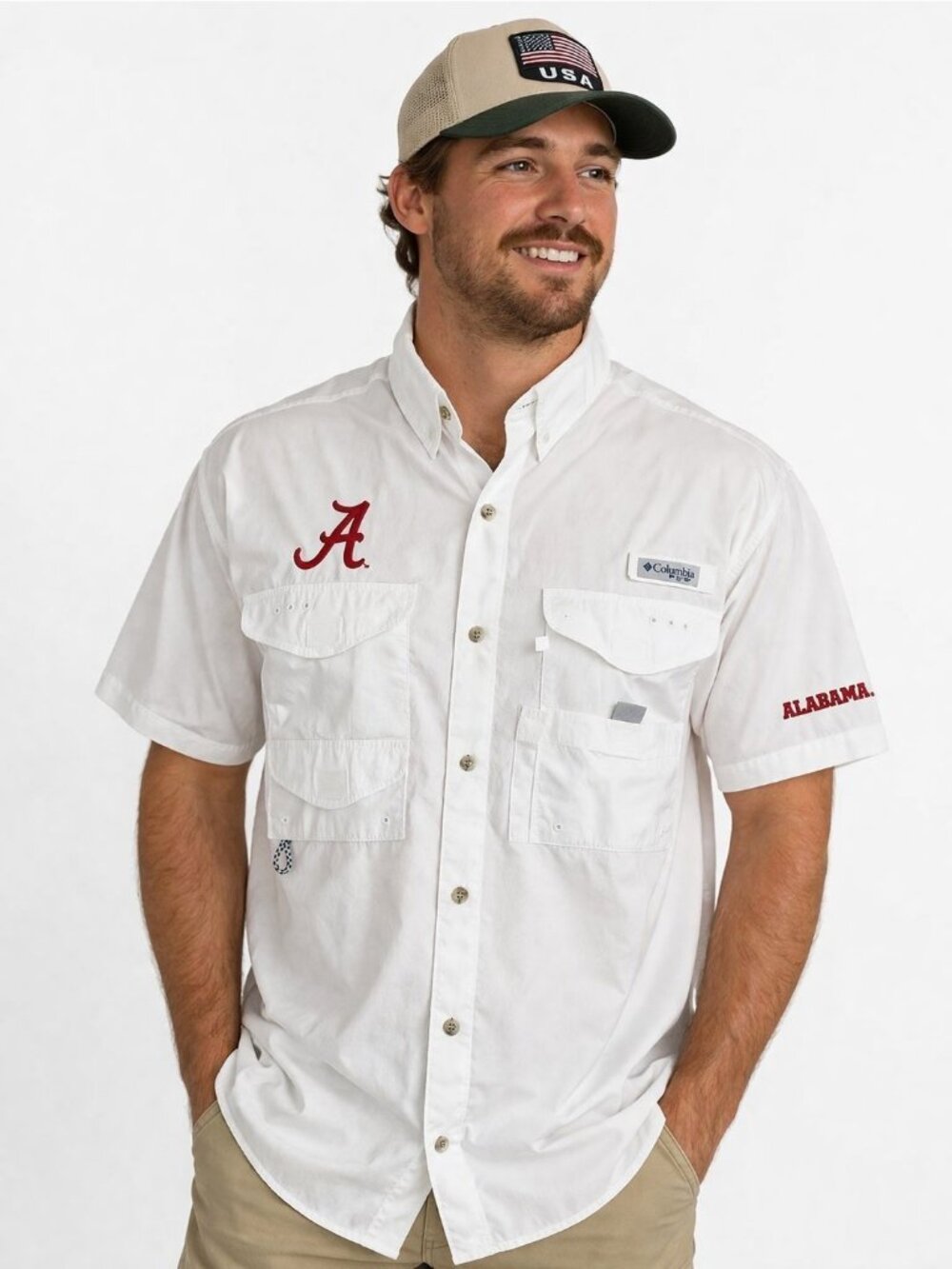 Columbia PFG Alabama Crimson Tide Fishing Shirt White Button Up Logo S